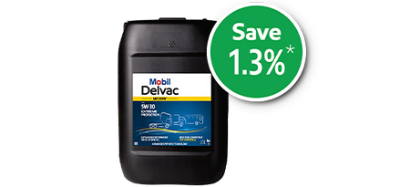 Mobil Delvac Modern 5W-30 Extreme Protection pack shot with 1.3% sticker