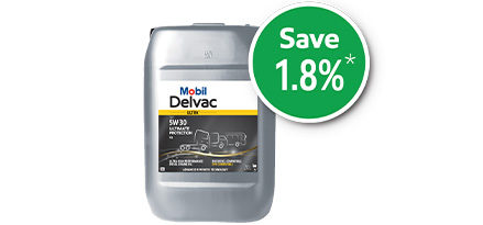 Mobil Delvac Ultra 5W-30 Ultimate Protection V2 pack shot with 1.8% sticker