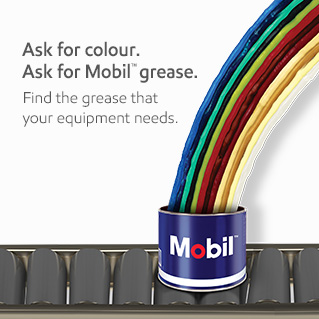 Mobil tin with a rainbow bursting out, and copy saying Ask for colour, Ask for Mobil grease