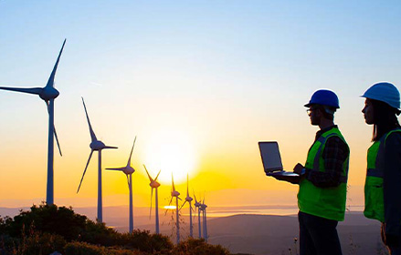 workers stood next to wind turbines