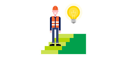 Drawing of a worker stood halfway up a green staircase. At the top of the staircase is a lightbulb.