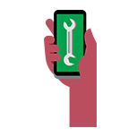 Drawing of a hand holding a phone with a wrench symbol on screen