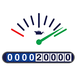 Drawing of a petrol gauge, showing 20,000 miles. The needle, which is green, indicates the meter is at full, because it is also green.